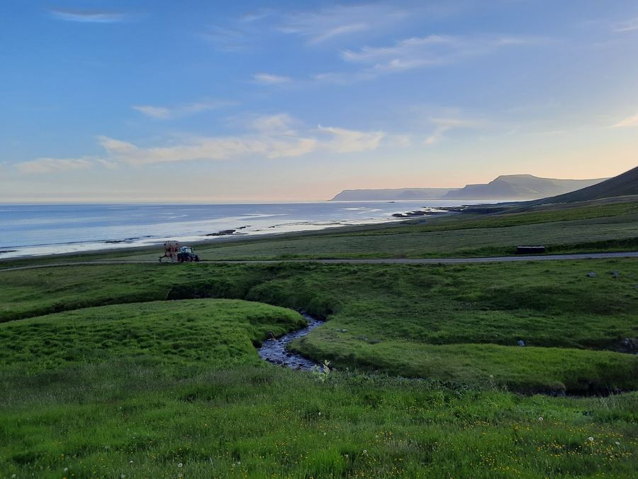 Meadow and stream down to the sea